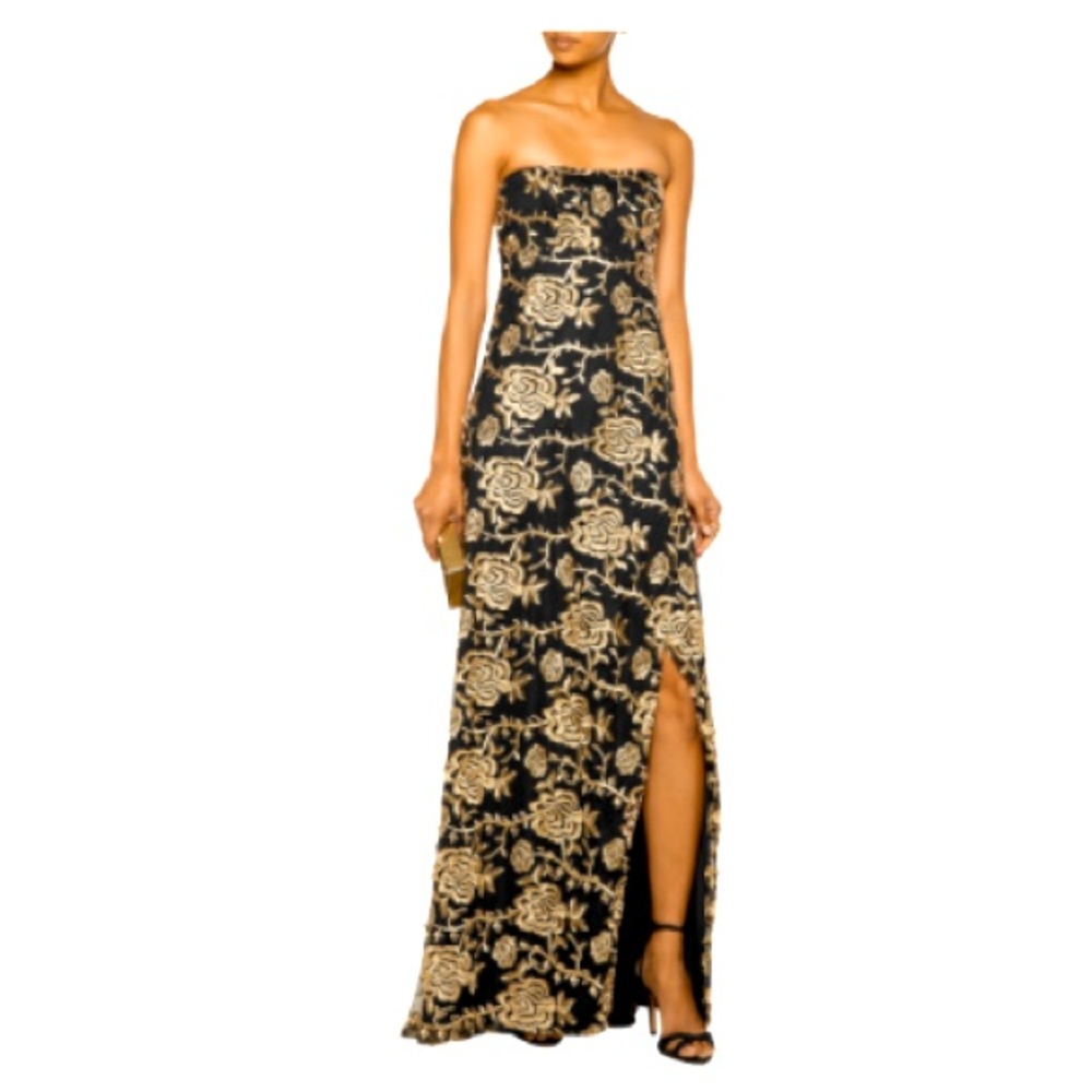 MIKAEL AGHAL rose embroidered strapless black and gold  gown, size 2